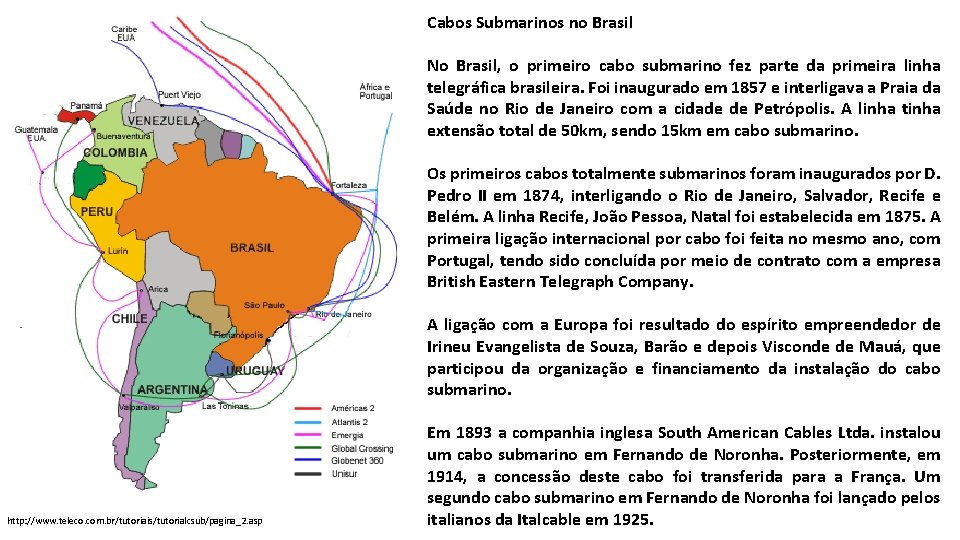 Cabos Submarinos no Brasil No Brasil, o primeiro cabo submarino fez parte da primeira