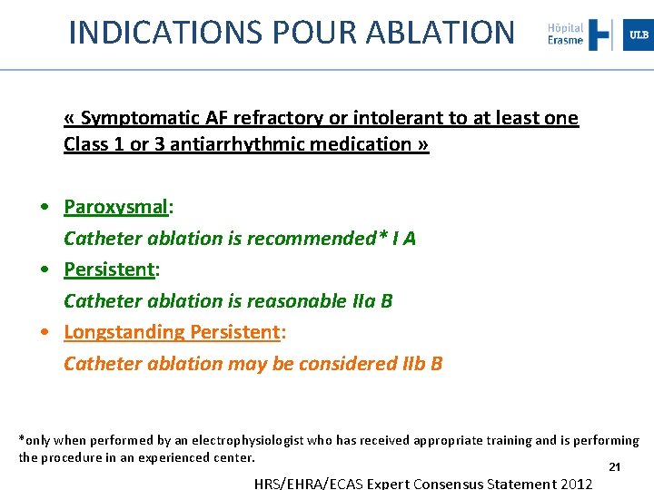 INDICATIONS POUR ABLATION « Symptomatic AF refractory or intolerant to at least one Class