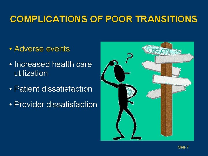COMPLICATIONS OF POOR TRANSITIONS • Adverse events • Increased health care utilization • Patient