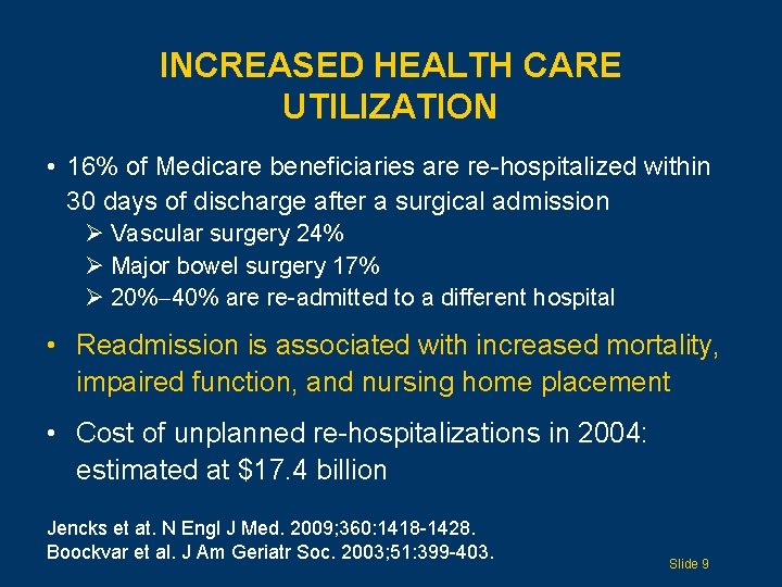 INCREASED HEALTH CARE UTILIZATION • 16% of Medicare beneficiaries are re-hospitalized within 30 days