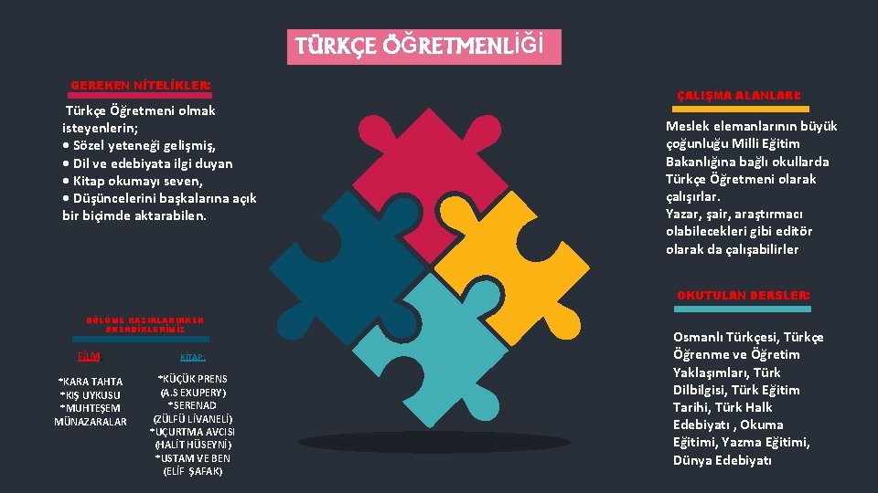 TÜRKÇE ÖĞRETMENLİĞİ GEREKEN NİTELİKLER: Türkçe Öğretmeni olmak isteyenlerin; • Sözel yeteneği gelişmiş, • Dil