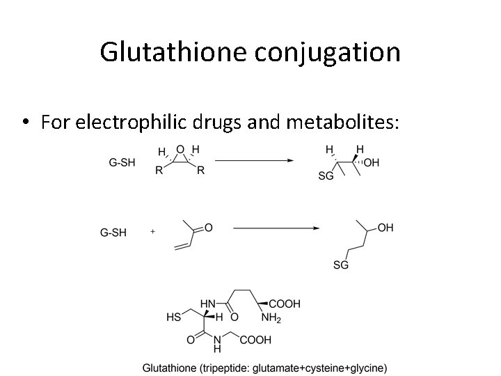 Glutathione conjugation • For electrophilic drugs and metabolites: 