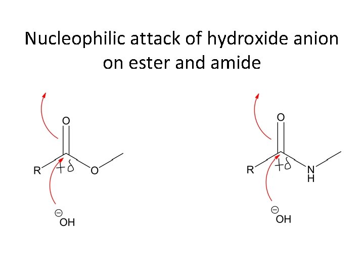 Nucleophilic attack of hydroxide anion on ester and amide 