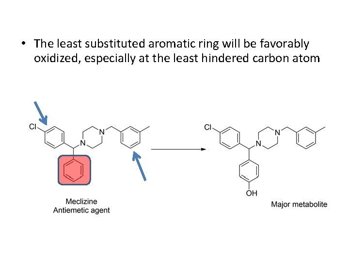  • The least substituted aromatic ring will be favorably oxidized, especially at the