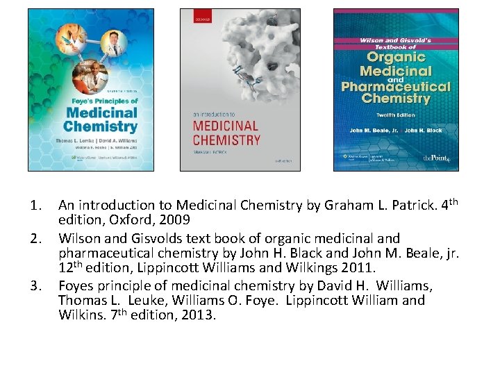 1. 2. 3. An introduction to Medicinal Chemistry by Graham L. Patrick. 4 th