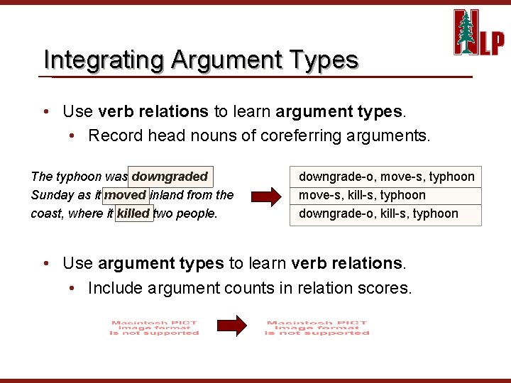 Integrating Argument Types • Use verb relations to learn argument types. • Record head