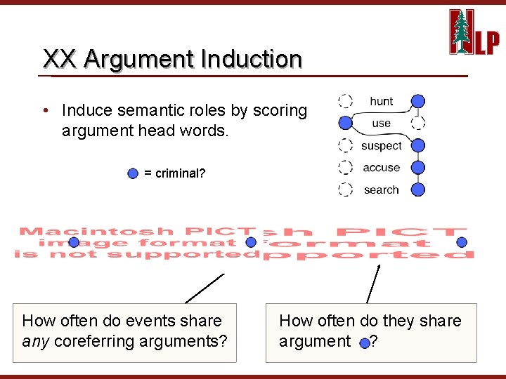 XX Argument Induction • Induce semantic roles by scoring argument head words. = criminal?