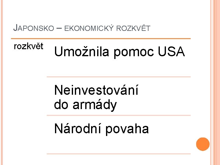 JAPONSKO – EKONOMICKÝ ROZKVĚT rozkvět Umožnila pomoc USA Neinvestování do armády Národní povaha 