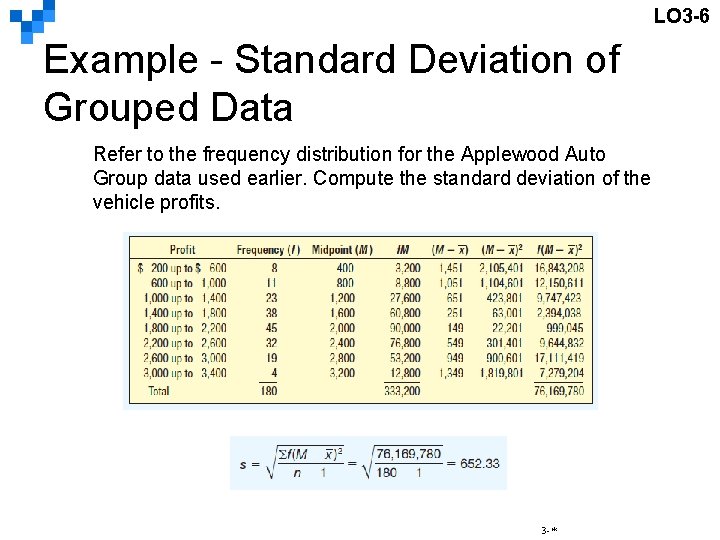 LO 3 -6 Example - Standard Deviation of Grouped Data Refer to the frequency