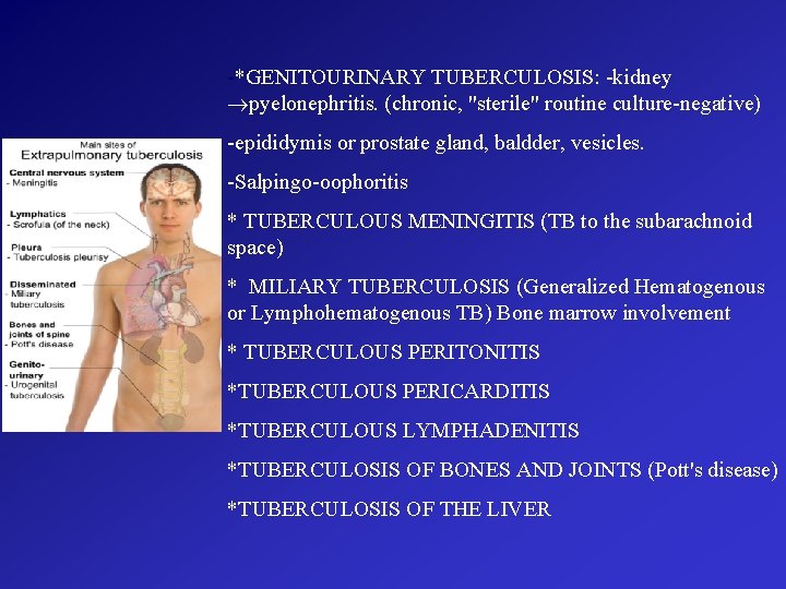 -*GENITOURINARY TUBERCULOSIS: -kidney pyelonephritis. (chronic, "sterile" routine culture-negative) -epididymis or prostate gland, baldder, vesicles.