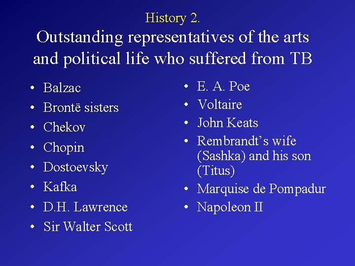 History 2. Outstanding representatives of the arts and political life who suffered from TB