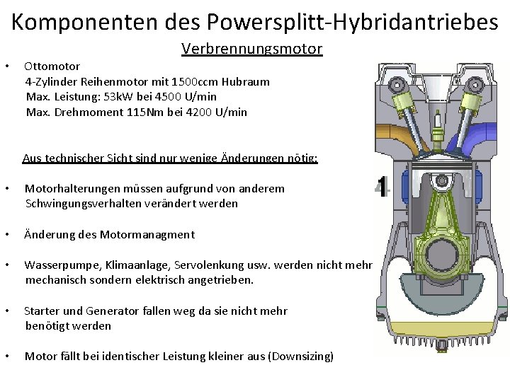 Komponenten des Powersplitt-Hybridantriebes Verbrennungsmotor • Ottomotor 4 -Zylinder Reihenmotor mit 1500 ccm Hubraum Max.