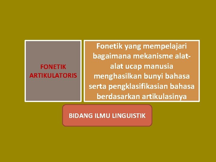 FONETIK ARTIKULATORIS Fonetik yang mempelajari bagaimana mekanisme alat ucap manusia menghasilkan bunyi bahasa serta