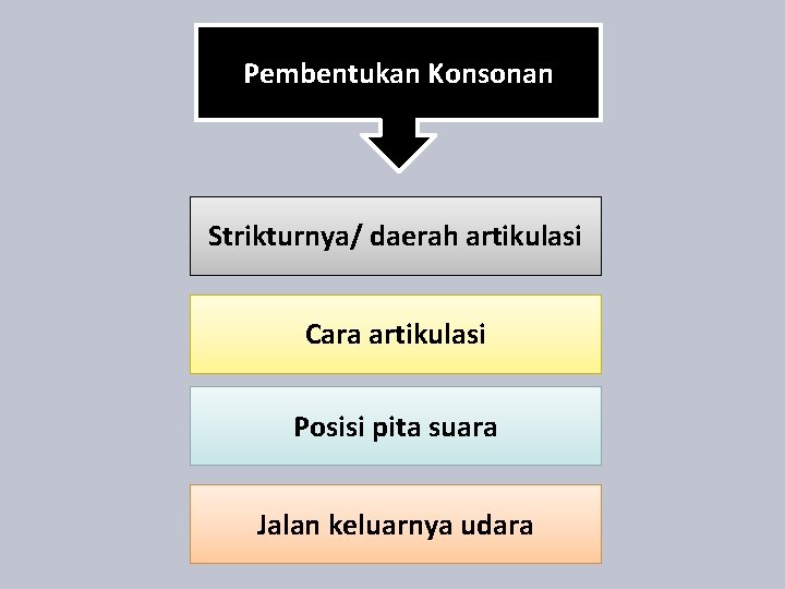 Pembentukan Konsonan Strikturnya/ daerah artikulasi Cara artikulasi Posisi pita suara Jalan keluarnya udara 