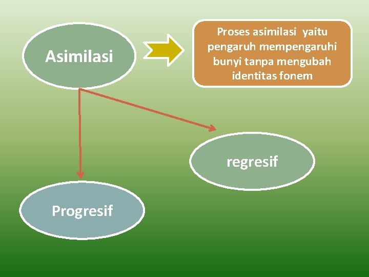 Asimilasi Proses asimilasi yaitu pengaruh mempengaruhi bunyi tanpa mengubah identitas fonem regresif Progresif 