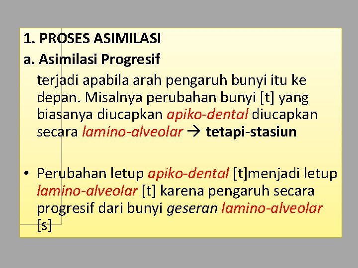 1. PROSES ASIMILASI a. Asimilasi Progresif terjadi apabila arah pengaruh bunyi itu ke depan.