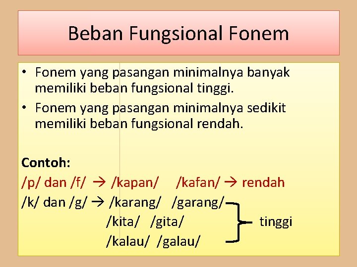 Beban Fungsional Fonem • Fonem yang pasangan minimalnya banyak memiliki beban fungsional tinggi. •