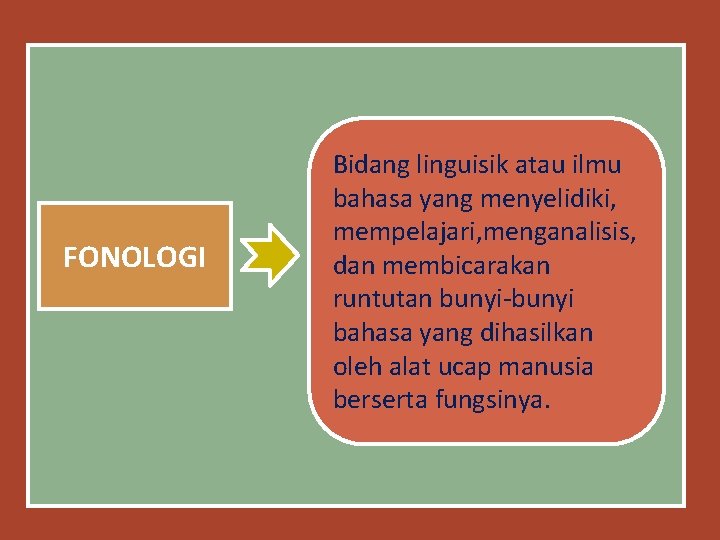 FONOLOGI Bidang linguisik atau ilmu bahasa yang menyelidiki, mempelajari, menganalisis, dan membicarakan runtutan bunyi-bunyi