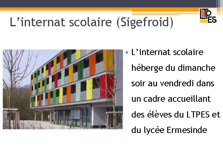 L’internat scolaire (Sigefroid) • L’internat scolaire héberge du dimanche soir au vendredi dans un