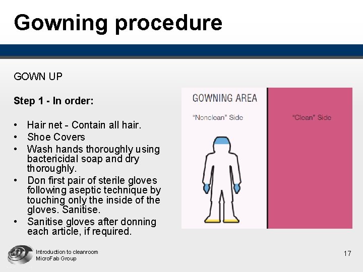 Gowning procedure GOWN UP Step 1 - In order: • Hair net - Contain Gowning procedure GOWN UP Step 1 - In order: • Hair net - Contain