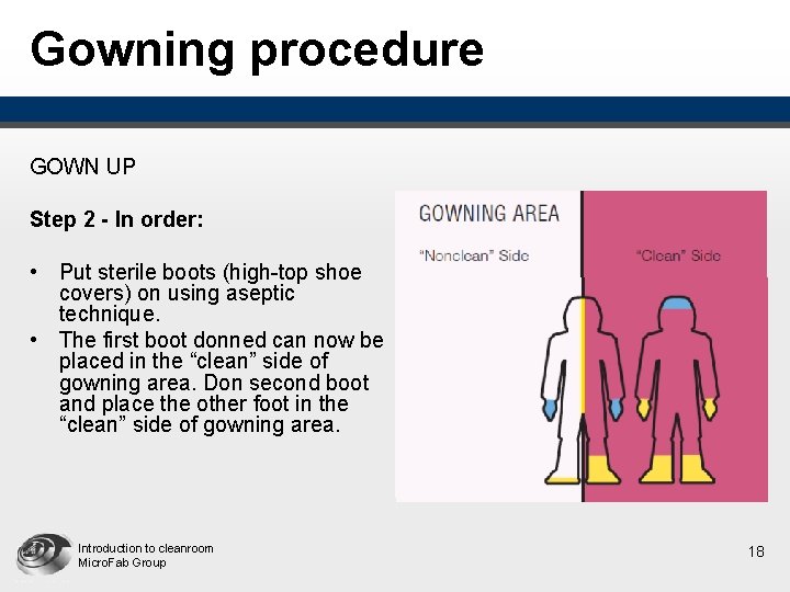 Gowning procedure GOWN UP Step 2 - In order: • Put sterile boots (high-top