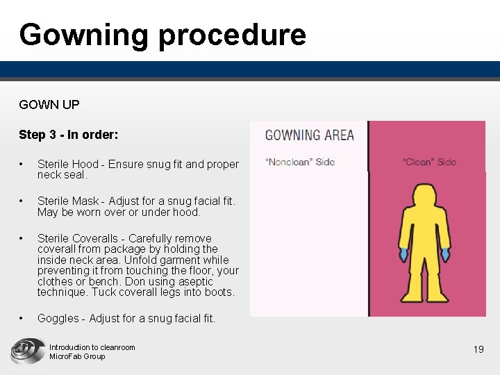 Gowning procedure GOWN UP Step 3 - In order: • Sterile Hood - Ensure