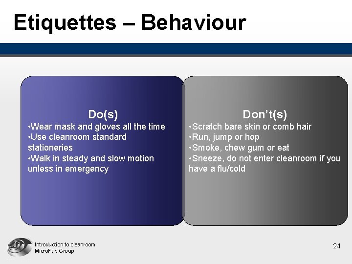 Etiquettes – Behaviour Do(s) • Wear mask and gloves all the time • Use