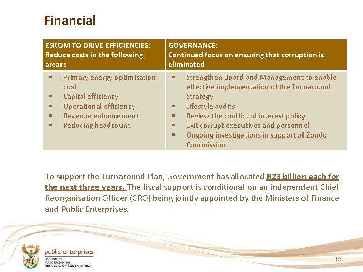 Financial ESKOM TO DRIVE EFFICIENCIES: Reduce costs in the following arears § § §