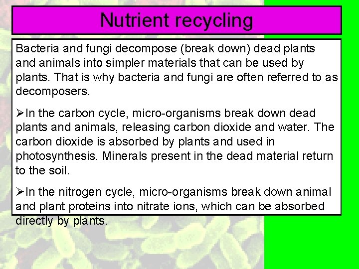 Nutrient recycling Bacteria and fungi decompose (break down) dead plants and animals into simpler