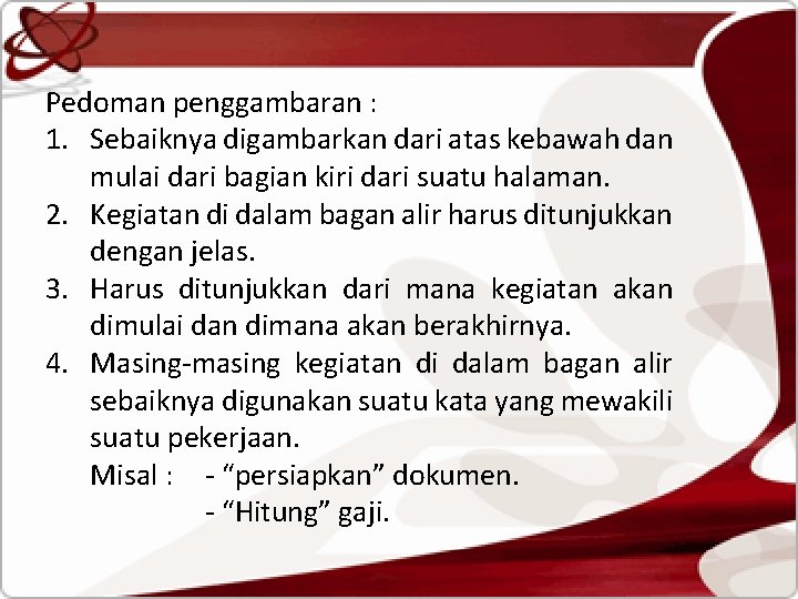 Pedoman penggambaran : 1. Sebaiknya digambarkan dari atas kebawah dan mulai dari bagian kiri