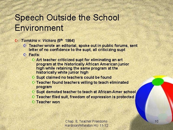 Speech Outside the School Environment Z Tomkins v. Vickers (5 th 1994) Z Teacher