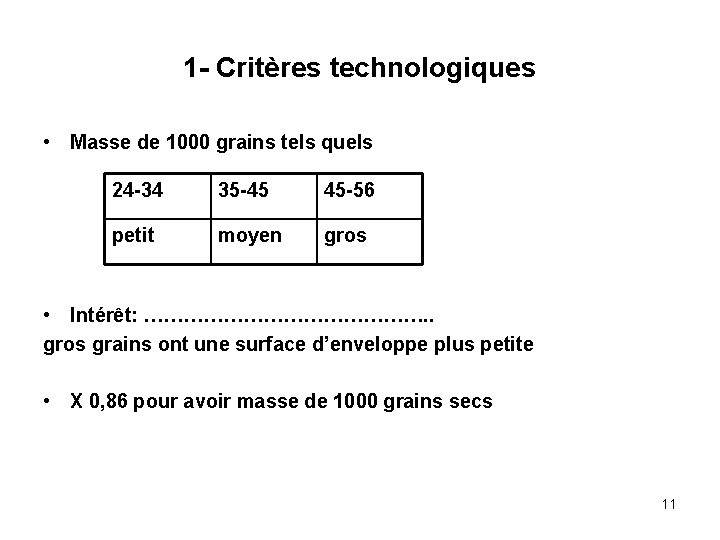 1 - Critères technologiques • Masse de 1000 grains tels quels 24 -34 35