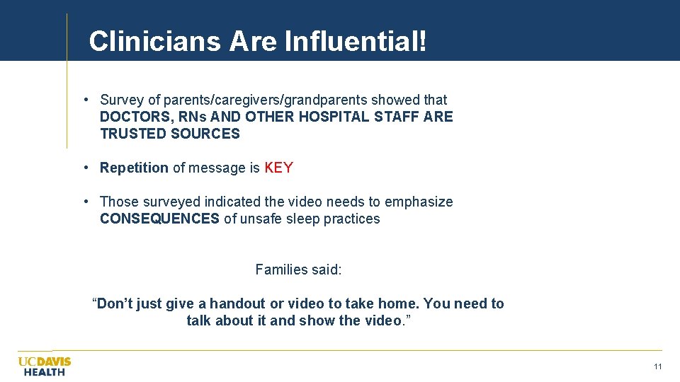 Clinicians Are Influential! • Survey of parents/caregivers/grandparents showed that DOCTORS, RNs AND OTHER HOSPITAL