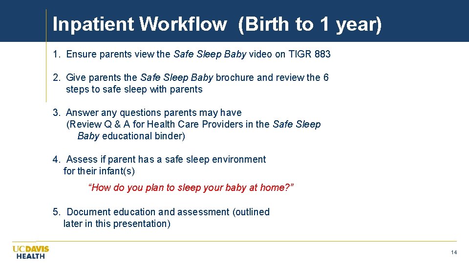 Inpatient Workflow (Birth to 1 year) 1. Ensure parents view the Safe Sleep Baby