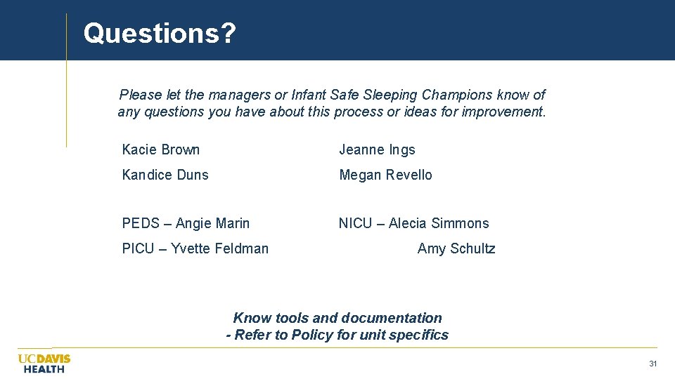 Questions? Please let the managers or Infant Safe Sleeping Champions know of any questions