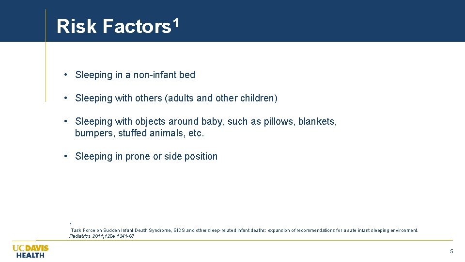 Risk Factors 1 • Sleeping in a non-infant bed • Sleeping with others (adults