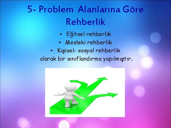 5 - Problem Alanlarına Göre Rehberlik • Eğitsel rehberlik • Mesleki rehberlik • Kişisel-