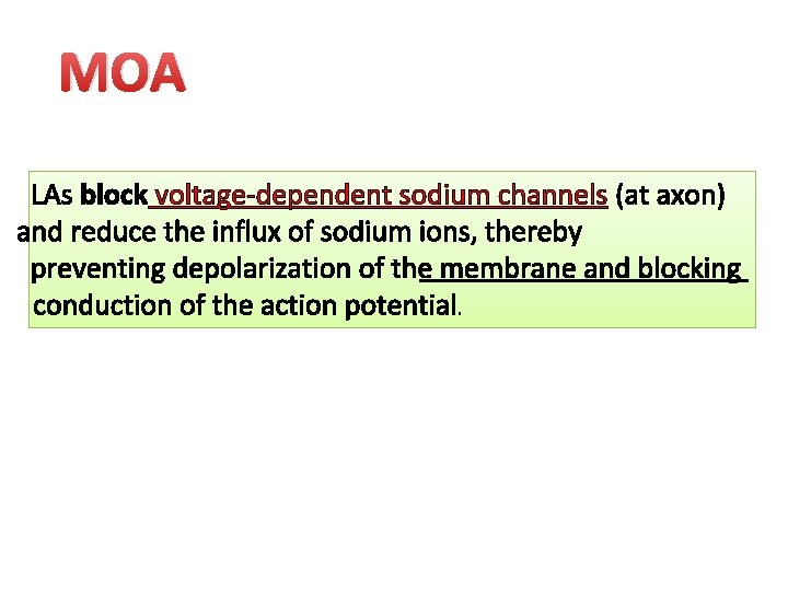 MOA LAs block voltage-dependent sodium channels (at axon) and reduce the influx of sodium