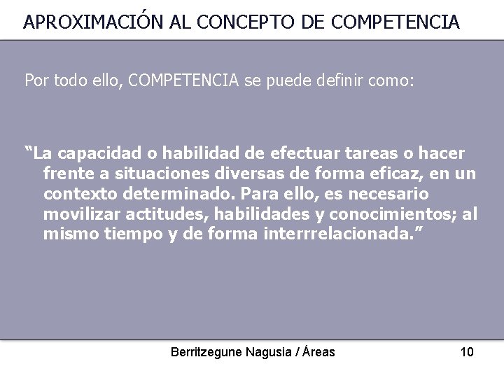 APROXIMACIÓN AL CONCEPTO DE COMPETENCIA Por todo ello, COMPETENCIA se puede definir como: “La
