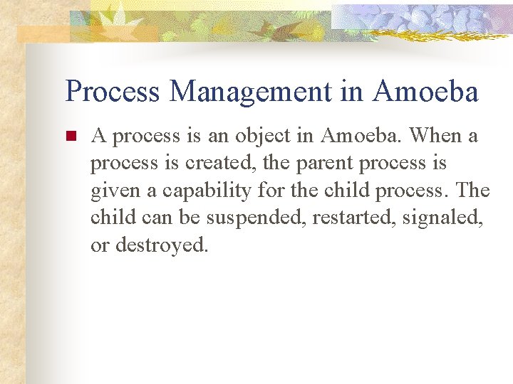 Process Management in Amoeba n A process is an object in Amoeba. When a
