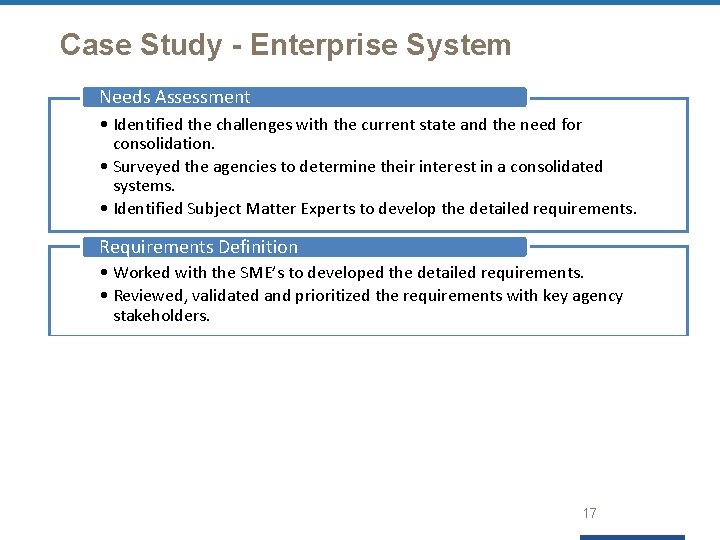 Case Study - Enterprise System Needs Assessment • Identified the challenges with the current