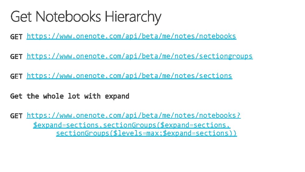 https: //www. onenote. com/api/beta/me/notes/notebooks https: //www. onenote. com/api/beta/me/notes/sectiongroups https: //www. onenote. com/api/beta/me/notes/sections https: //www.