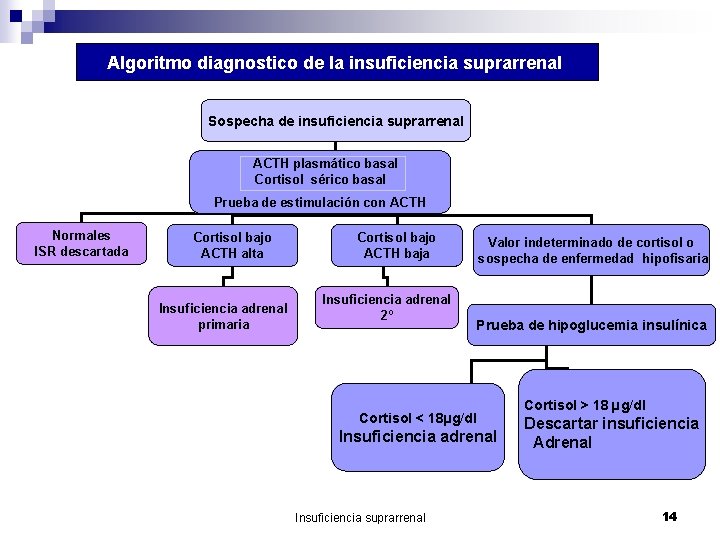 Algoritmo diagnostico de la insuficiencia suprarrenal Sospecha de insuficiencia suprarrenal ACTH plasmático basal Cortisol