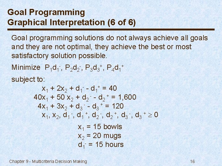 Goal Programming Graphical Interpretation (6 of 6) Goal programming solutions do not always achieve