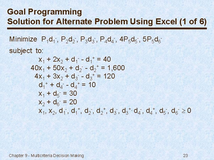 Goal Programming Solution for Alternate Problem Using Excel (1 of 6) Minimize P 1