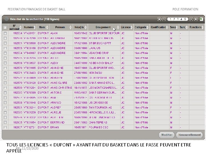 FEDERATION FRANCAISE DE BASKET BALL POLE FORMATION TOUS LES LICENCIES « DUPONT » AYANT FEDERATION FRANCAISE DE BASKET BALL POLE FORMATION TOUS LES LICENCIES « DUPONT » AYANT