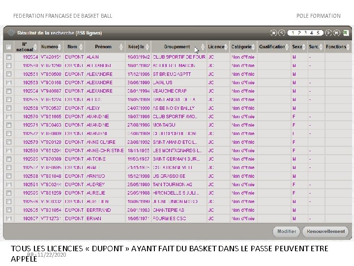 FEDERATION FRANCAISE DE BASKET BALL POLE FORMATION TOUS LES LICENCIES « DUPONT » AYANT