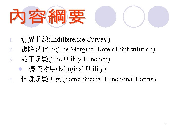 無異曲線(Indifference Curves ) 2. 邊際替代率(The Marginal Rate of Substitution) 3. 效用函數(The Utility Function) l 無異曲線(Indifference Curves ) 2. 邊際替代率(The Marginal Rate of Substitution) 3. 效用函數(The Utility Function) l