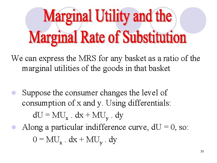 We can express the MRS for any basket as a ratio of the marginal We can express the MRS for any basket as a ratio of the marginal