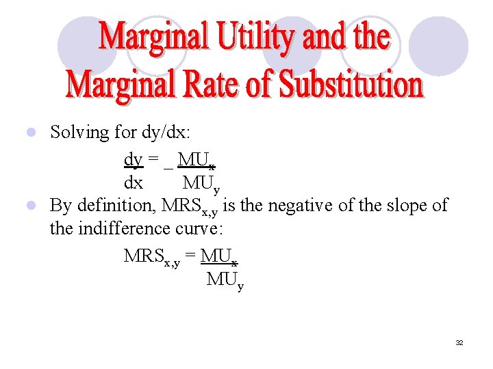 Solving for dy/dx: dy = _ MUx dx MUy l By definition, MRSx, y Solving for dy/dx: dy = _ MUx dx MUy l By definition, MRSx, y